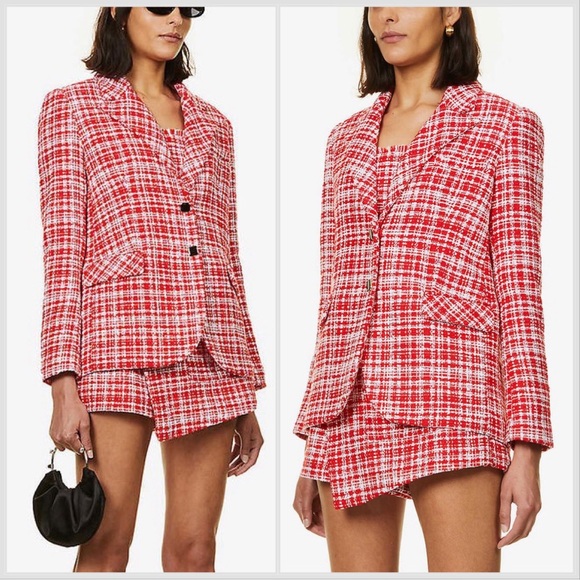 Rare SELF-PORTRAIT Red White Checked Boucle Single Breasted Tweed Blazer Sz 6
